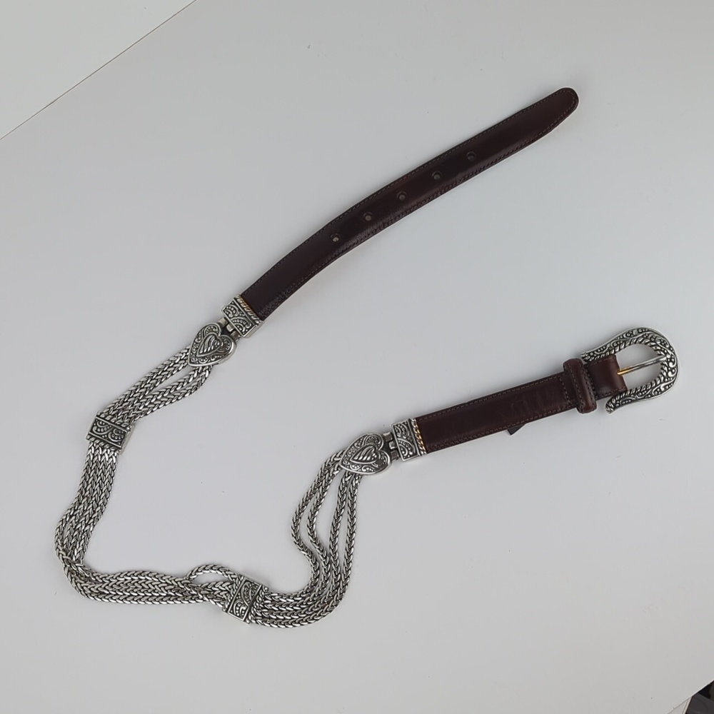 BRIGHTON Bali Silver Heart Link Triple Chain Brown Leather Belt - Picture 2 of 7